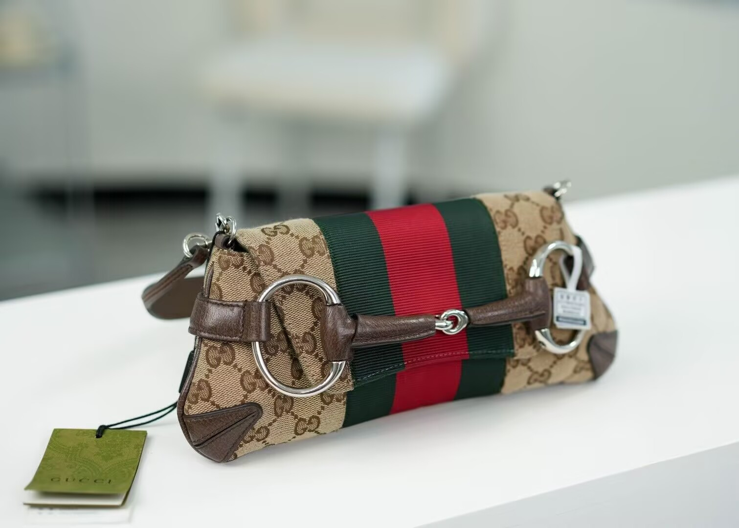 G*u*i monogram textured dollar calfskin heavy grosgrain web medium maxi horsebit chain shoulder bag 27x11.5x5cm