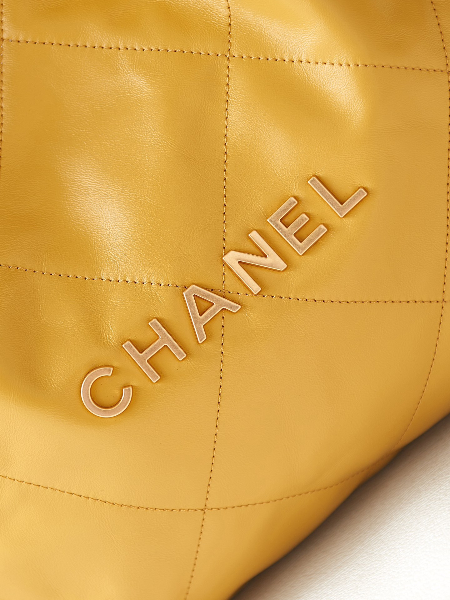 Ch*el 22 small handbag shiny calfskin yellow 15.2×16.4×3.1 in