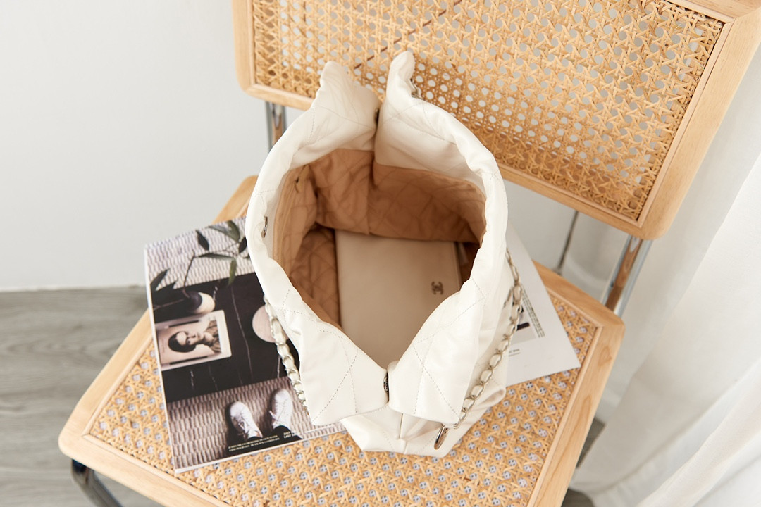 Ch*el 22 handbag metallic shaded calfskin & silver-tone metal white 15.2×16.4×3.1 in