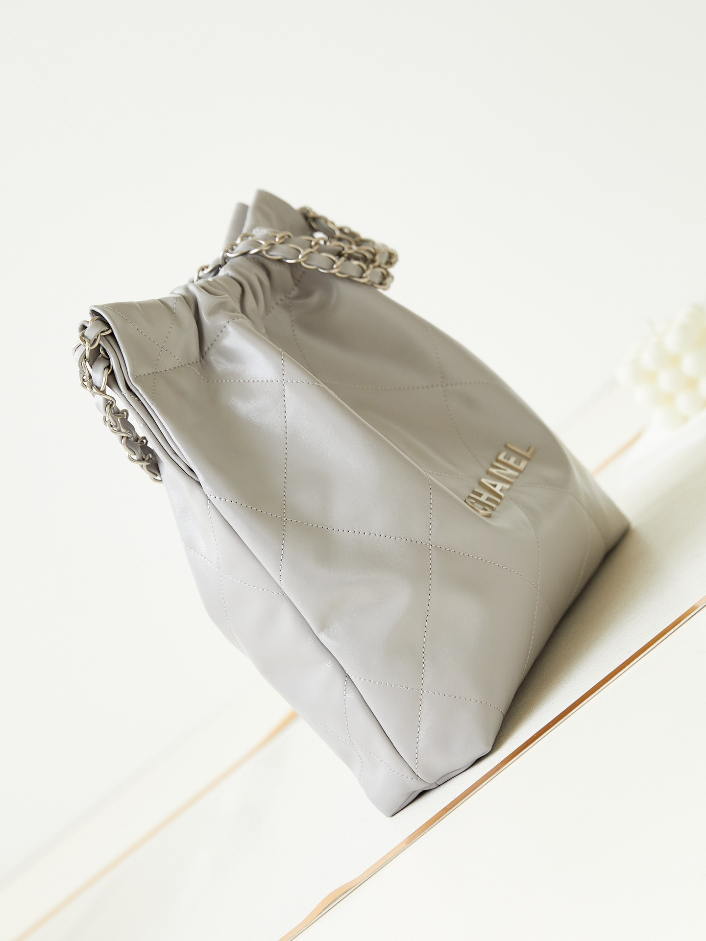 Ch*el 22 small handbag shiny calfskin grey 13.7×14.4×2.7 in