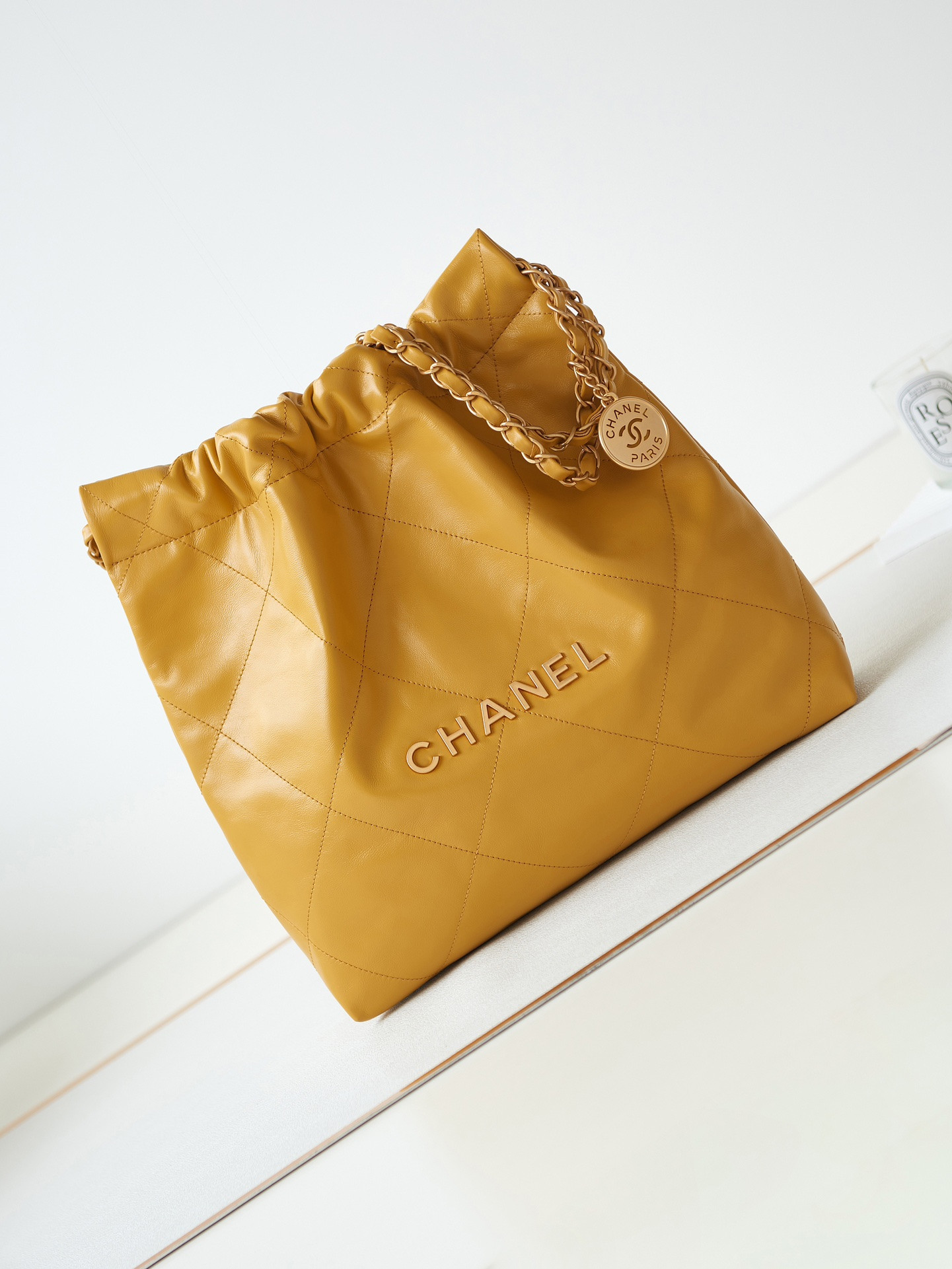 Ch*el 22 small handbag shiny calfskin yellow 13.7×14.4×2.7 in