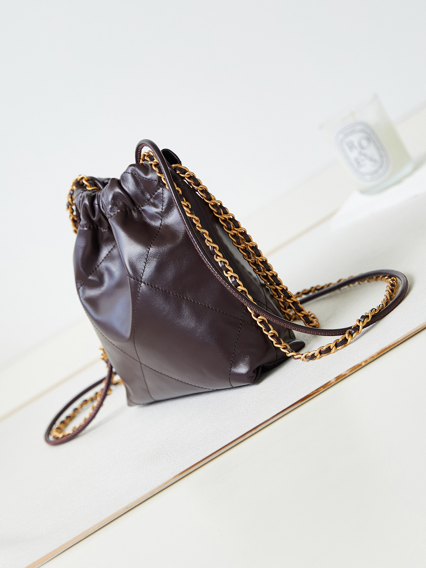 Ch*el 22 mini handbag shiny calfskin 7.8 × 7.4 × 2.3 in