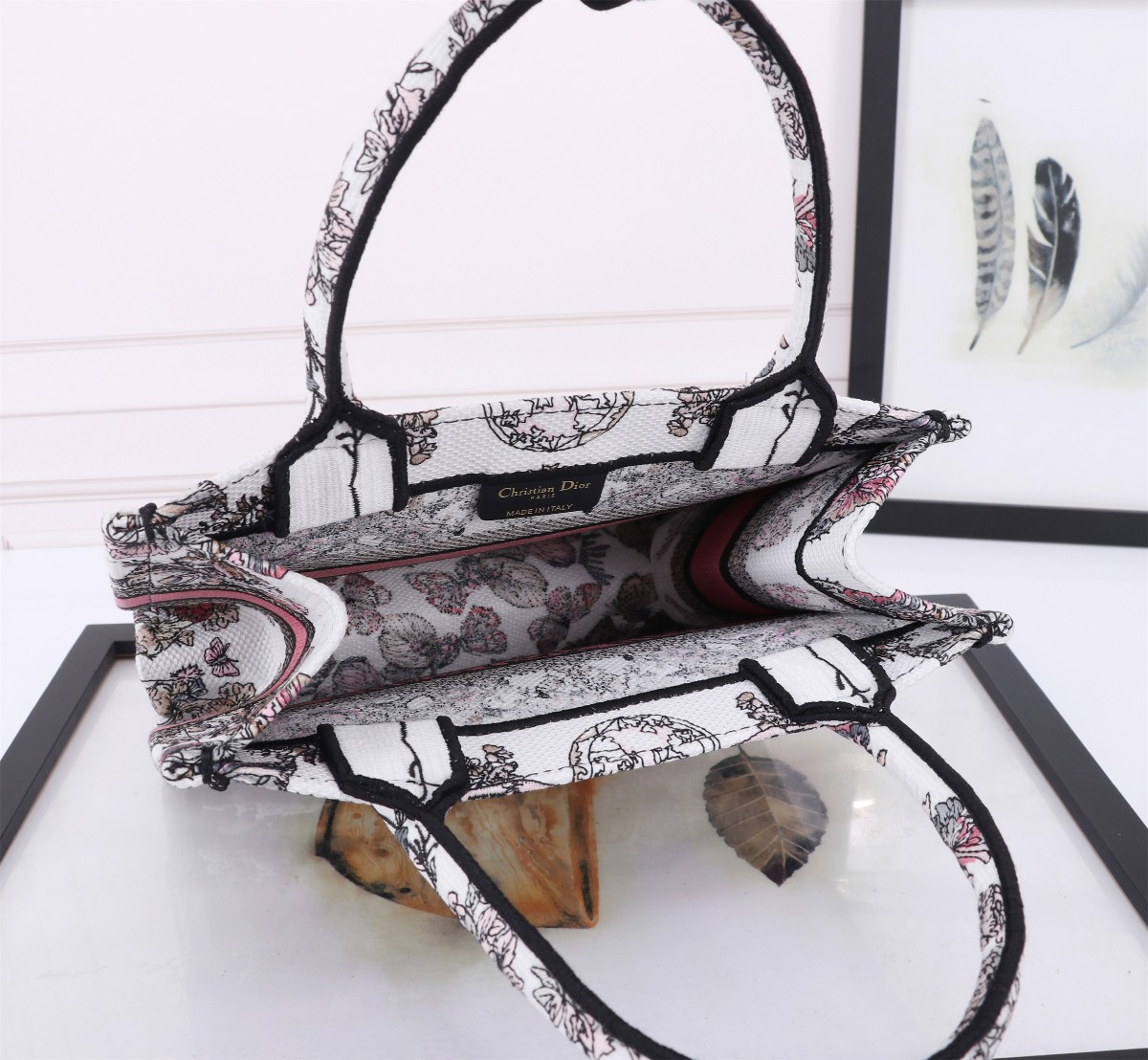 medium D*or book tote white and pastel pink butterfly around the world embroidery 14 x 11 x 6.5 inches