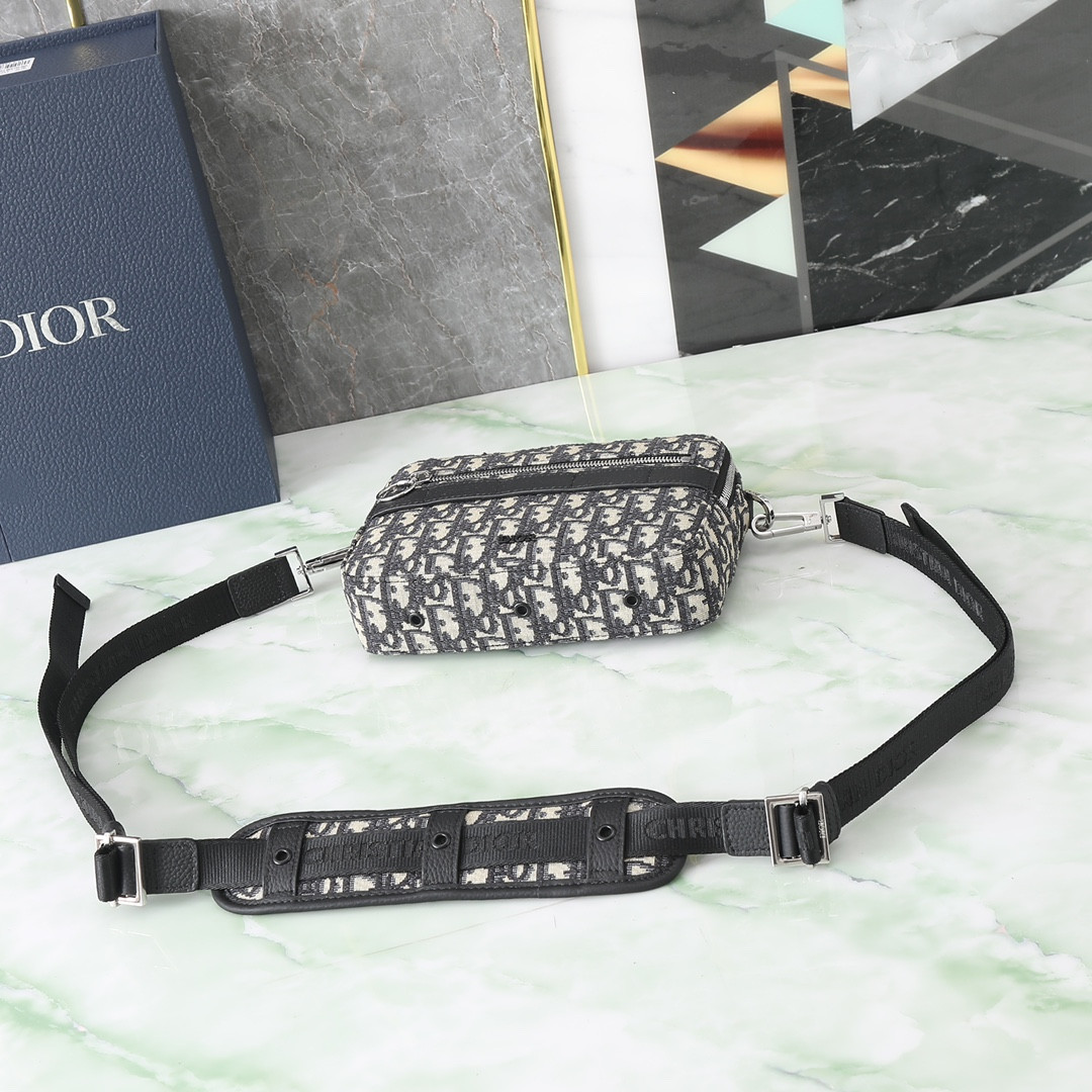 D*or safari bag with strap  beige and black D*or oblique jacquard 8.5 x 6 x 2.5 inches