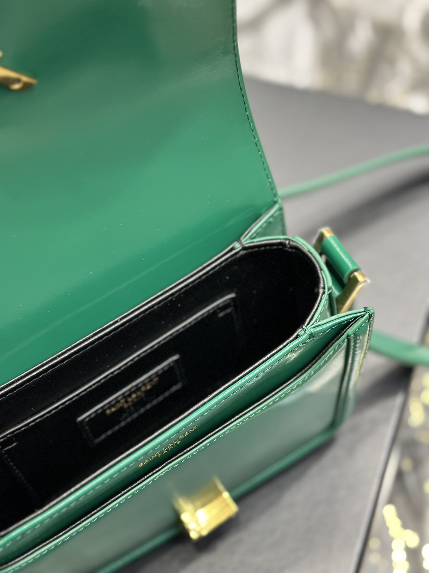 y*l solferino small satchel in box Sa**t Lau*nt green 7.4 x 5.1 x 1.9 inches