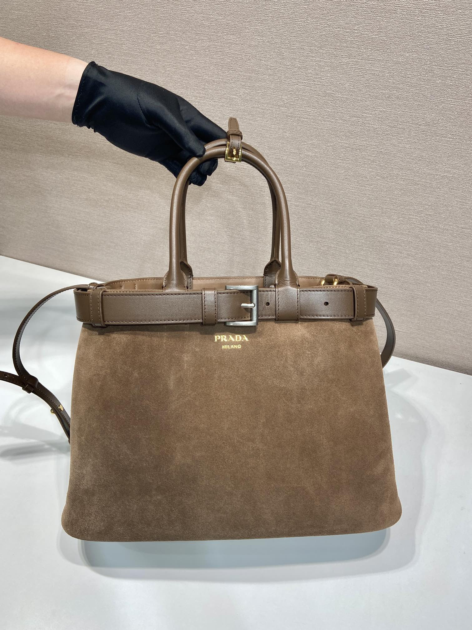 Pra*a large Pra*a buckle suede bag with belt  27.5x37.5x14cm